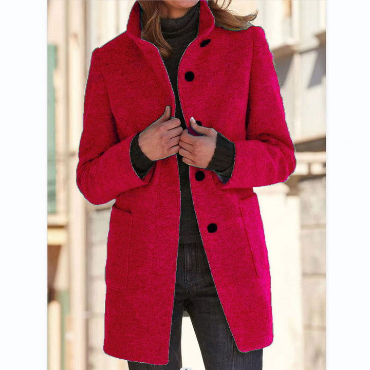 Damen Midilanger Wollmix-Mantel mit Stehkragen und aufgesetzten Taschen – Montévia