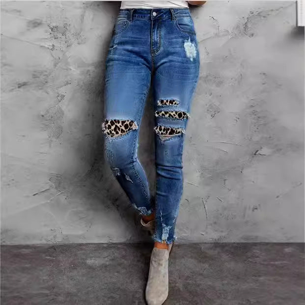 Damen Stretch-Skinny-Jeans mit High-Waist, Knie-Ripped-Details und Leo-Unterlage Echo Archiv