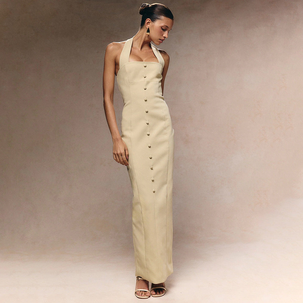 Damen Elegantes Maxikleid mit Halfter-Ausschnitt und raffinierten Knopfdetails Echo Archiv