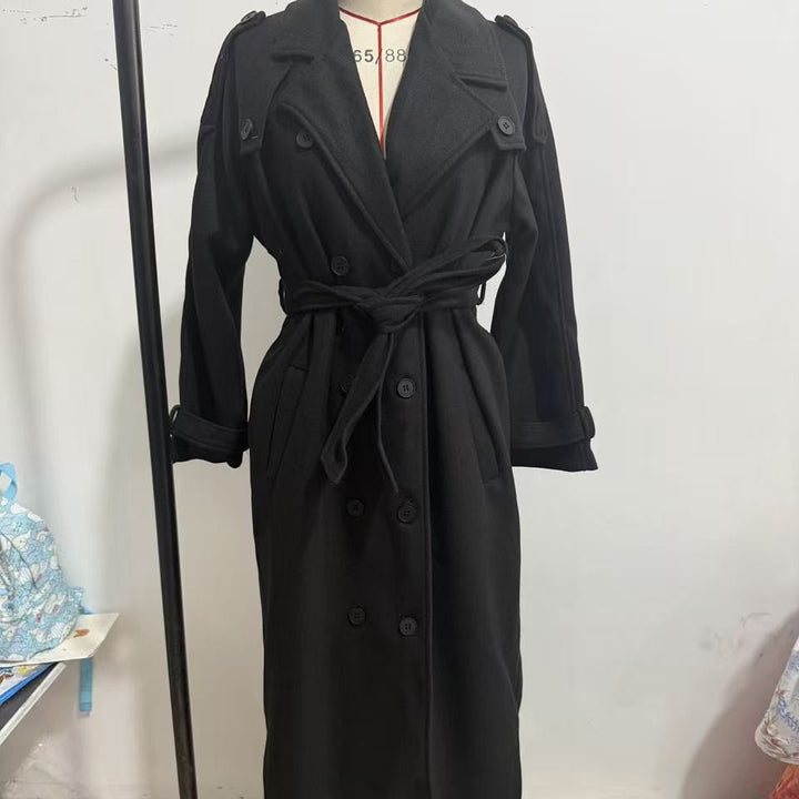 Damen langer Oversize Wollmantel mit weitem Revers und Gürtel Echo Archiv