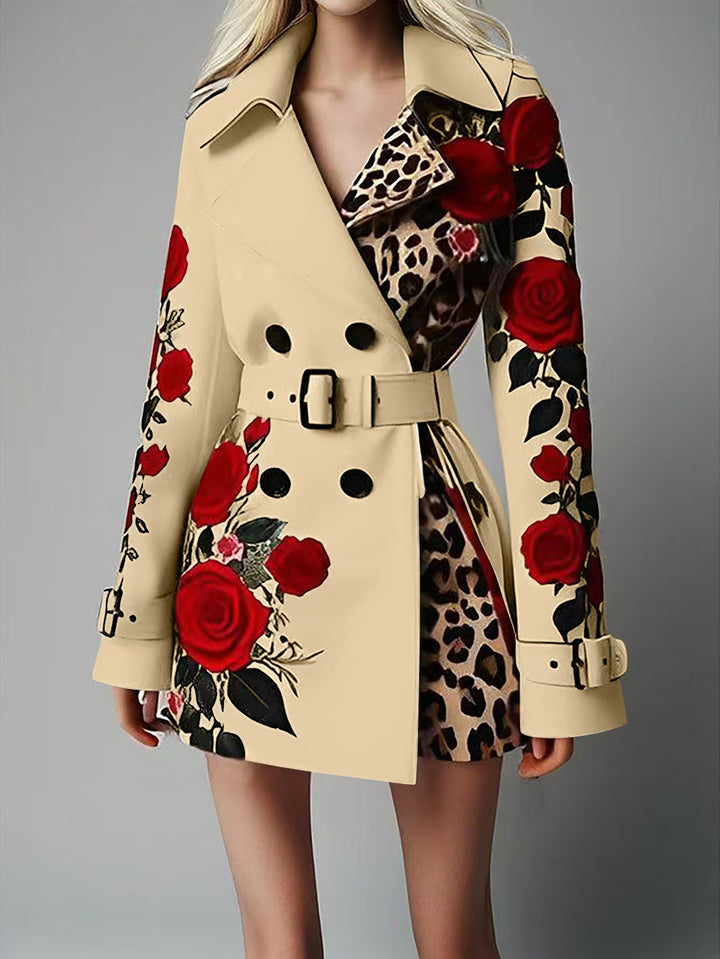 Damen Taillierter Trenchcoat mit Rosenprint und Leoparden-Innenfutter – Montévia