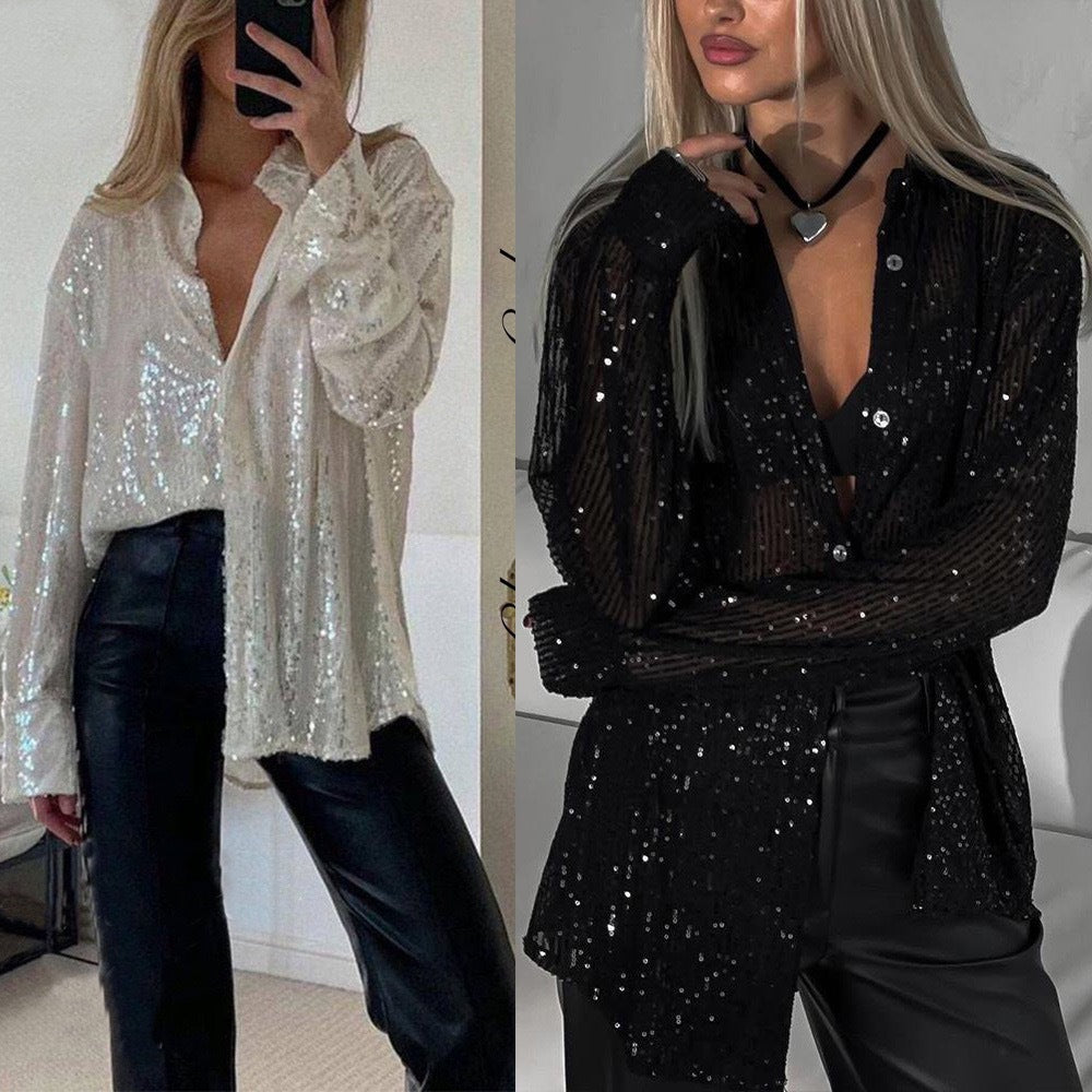 Damen Glitzerndes Langarmhemd mit lässigem Schnitt und eleganten Pailletten Echo Archiv