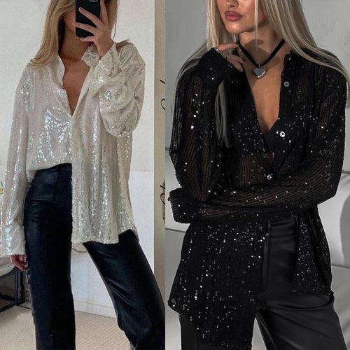 Damen Glitzerndes Langarmhemd mit lässigem Schnitt und eleganten Pailletten Echo Archiv