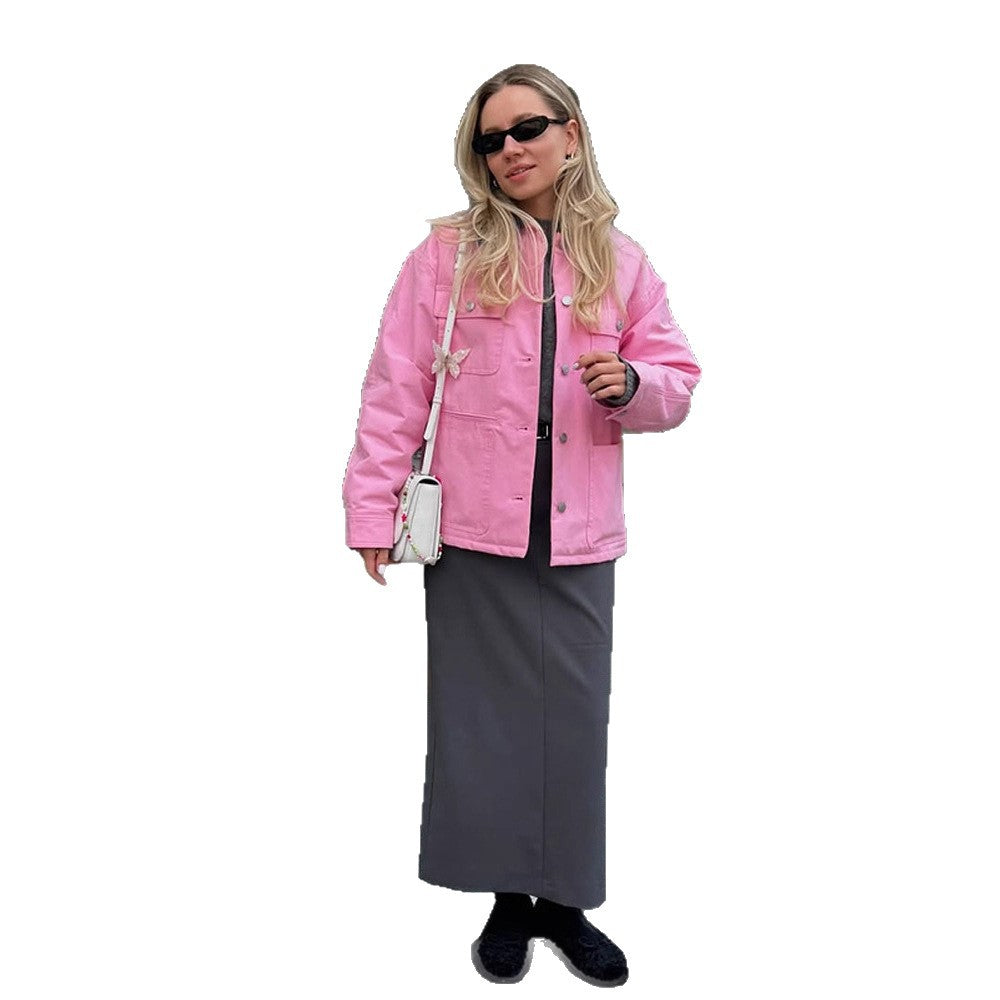 Damen Boxy Overshirt-Jacke mit aufgesetzten Taschen & Metallknopfleiste Echoarchiv