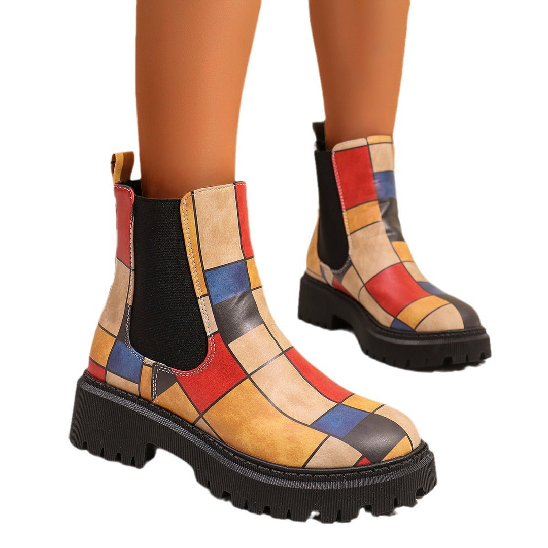 Damen Chunky Chelsea‑Boots mit buntem geometrischem Patchwork und markanter Lug‑Sohle Echo Archiv