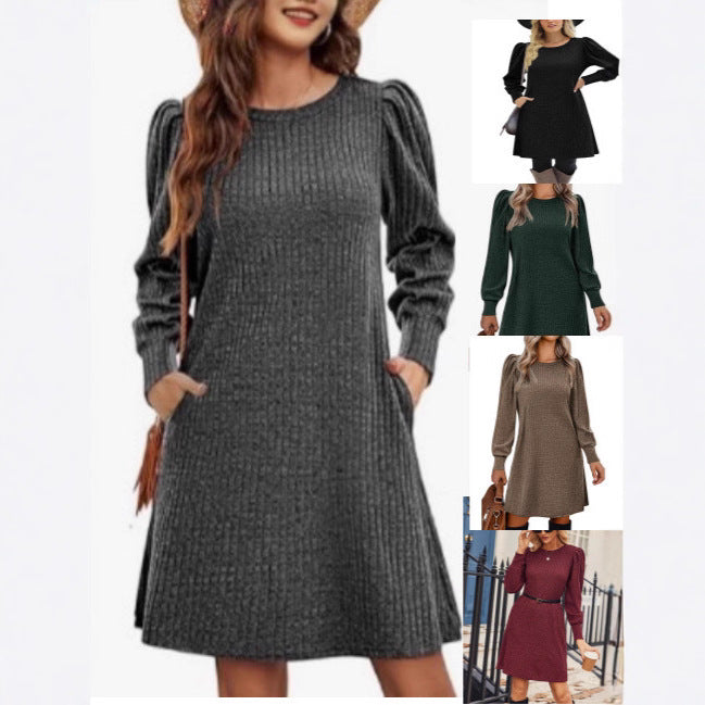Damen gestricktes A-Linien Strickkleid mit Puffärmeln – Élara