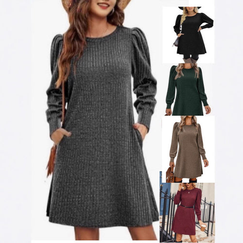 Damen gestricktes A-Linien Strickkleid mit Puffärmeln – Élara
