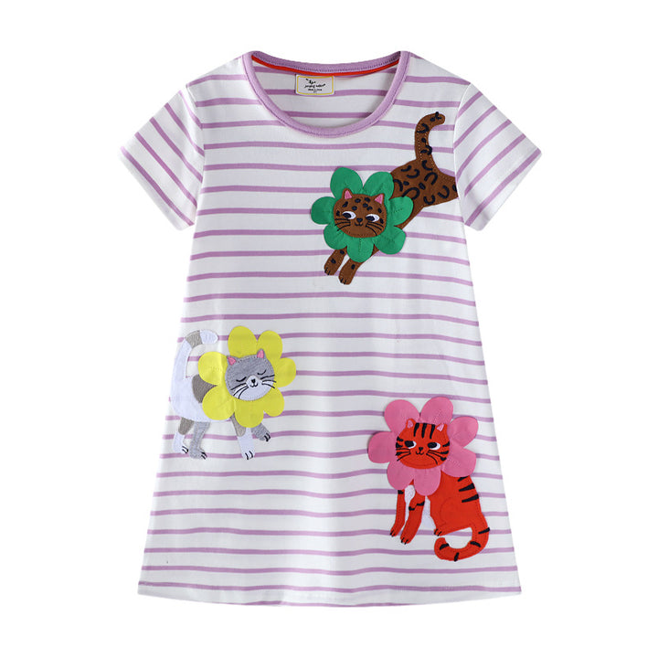 Mädchen Baumwollkleid mit gestickten Tiermotiven und Blumenapplikationen Echo Archiv