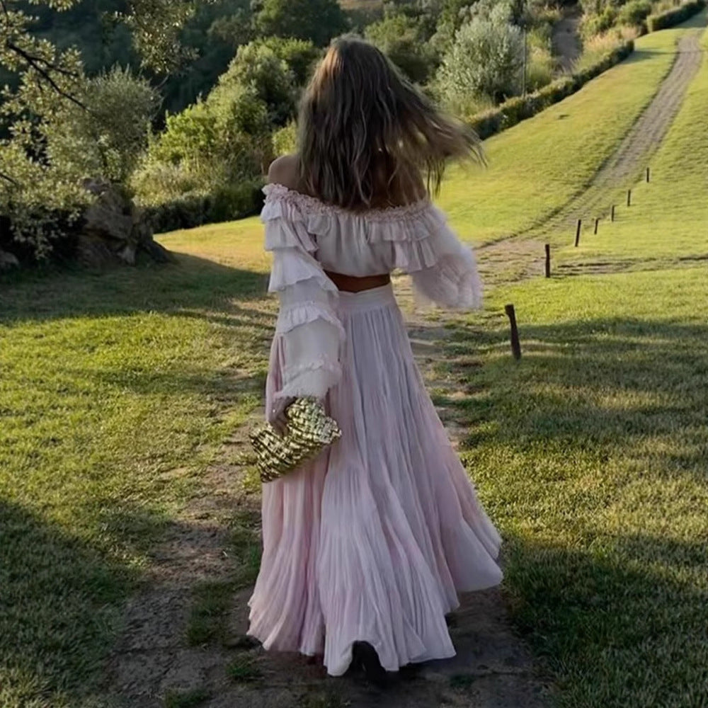 Damen Boho Zweiteiler mit bauchfreiem Volant-Top und plissiertem Maxirock Echoarchiv