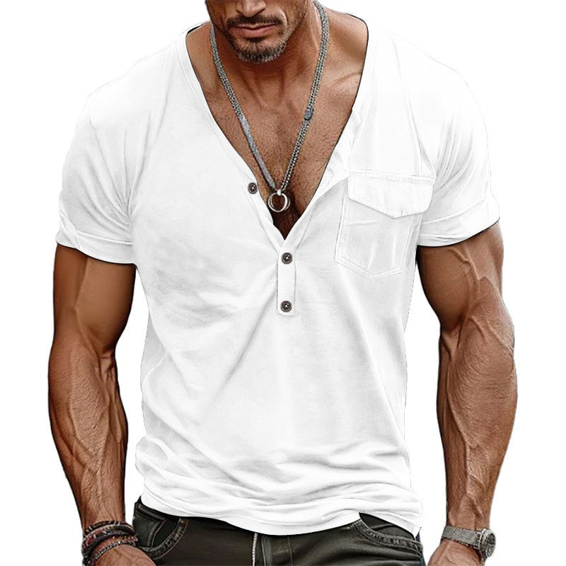 Herren V-Ausschnitt Henley-T-Shirt mit Brusttasche und atmungsaktiver Baumwolle Echoarchiv