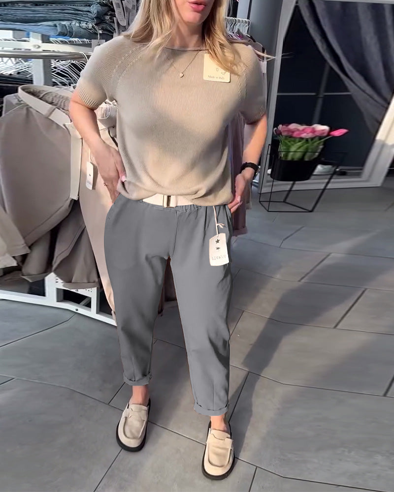 Damen nan lässige Baumwoll-Chino mit elastischem Komfortbund, Umschlag und Ziergürtel Echo Archiv
