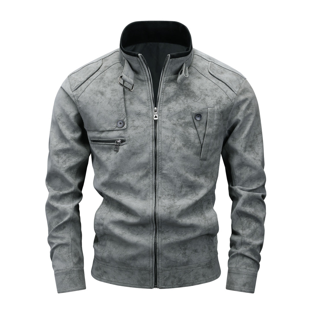 Herren Slim-Fit Biker-Bomberjacke aus Wildlederimitat mit Stehkragen und Zierknöpfen Echoarchiv
