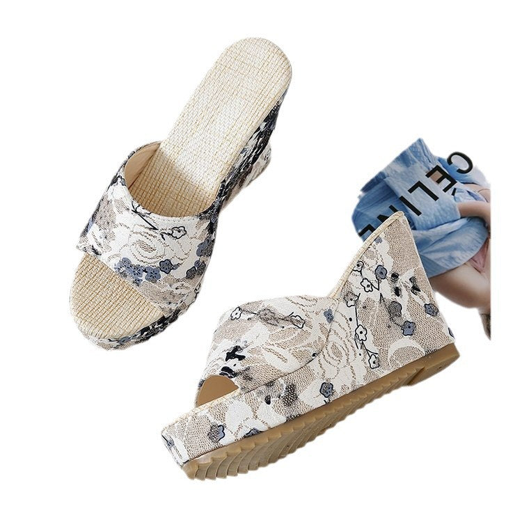 Damen Florale Brokat-Mules mit geflochtenem Jute-Plateau und ergonomischem Komfortfußbett – Sorelia