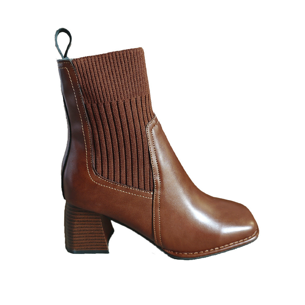 Damen Elegante Blockabsatz Stiefeletten mit Strickschaft Echo Archiv