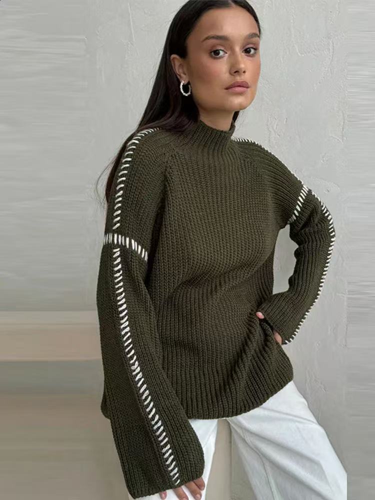 Damen Oversize-Strickpullover mit Stehkragen, Ballonärmeln und Ziernaht Echo Archiv