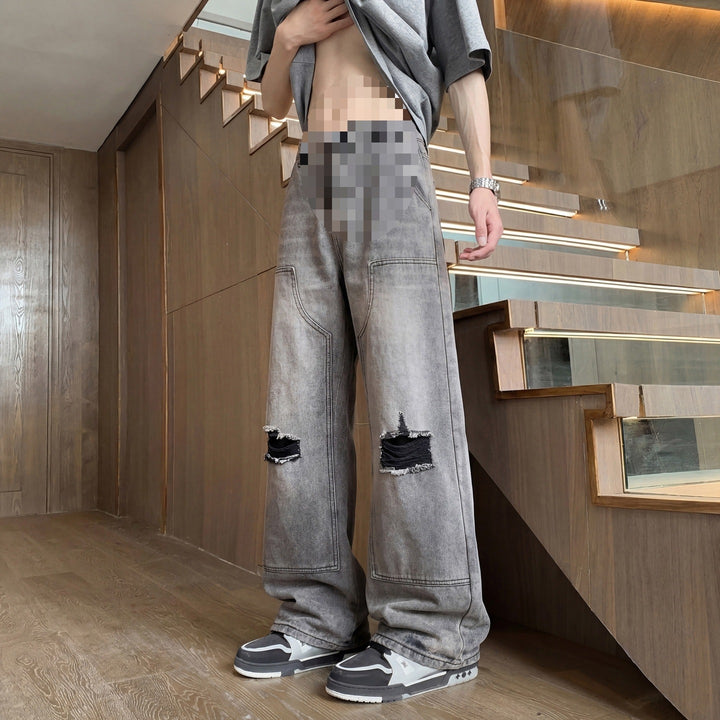 Herren Weite Baggy-Jeans mit Used‑Wash, Knie‑Rips & Utility‑Nähten Echoarchiv