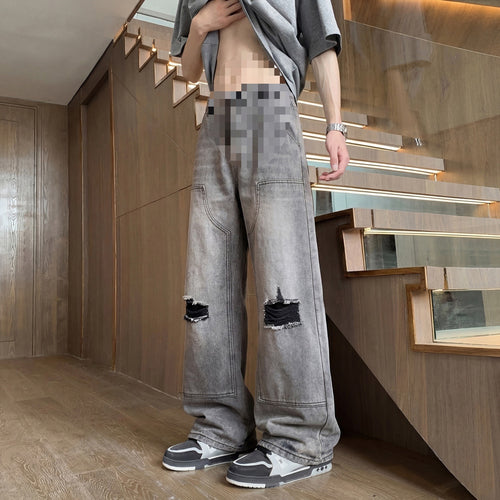Herren Weite Baggy-Jeans mit Used‑Wash, Knie‑Rips & Utility‑Nähten Echoarchiv