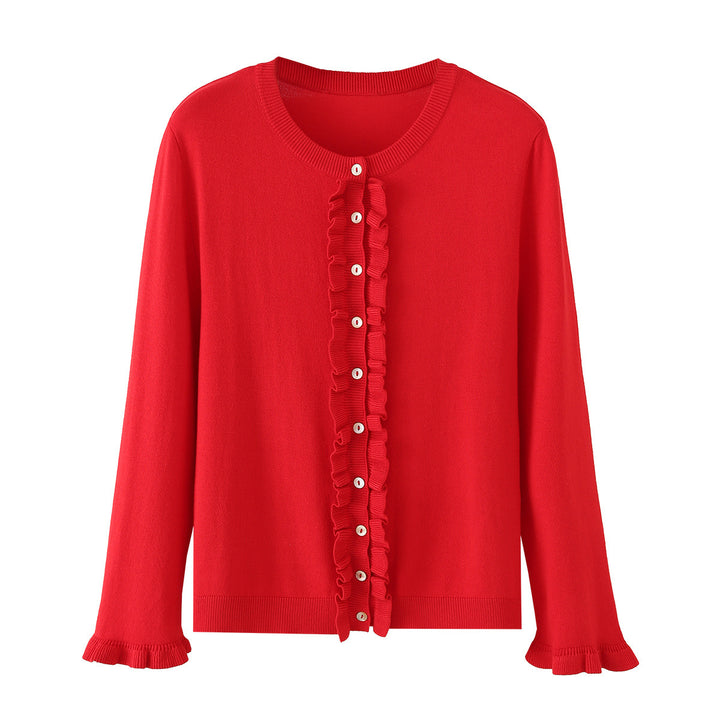Damen Rüschensaum Strickjacke mit Knopfleiste und Volantärmeln Echo Archiv