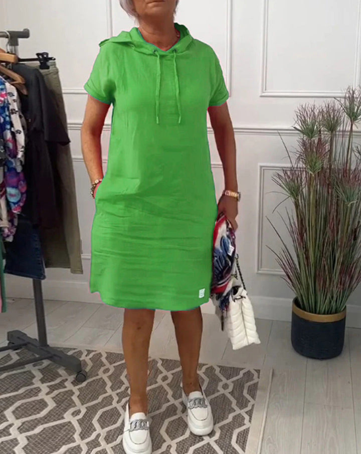 Damen nan lässiges Kapuzen-Midikleid mit kurzen Ärmeln und geradem Relax‑Schnitt Echo Archiv