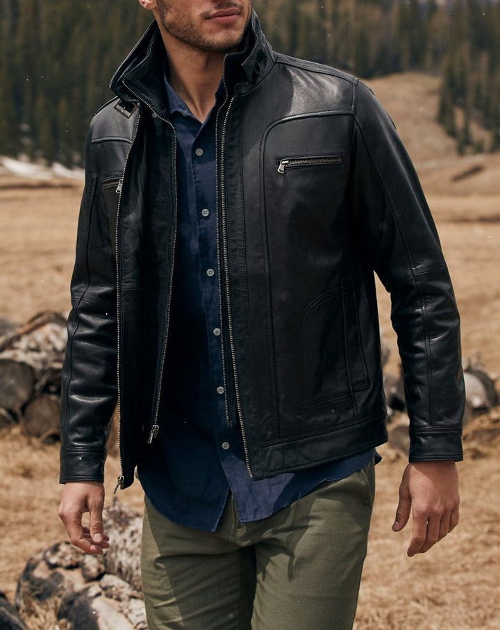Herren lässige Lederjacke mit modernem Stehkragen und vielseitigen Taschen Echoarchiv