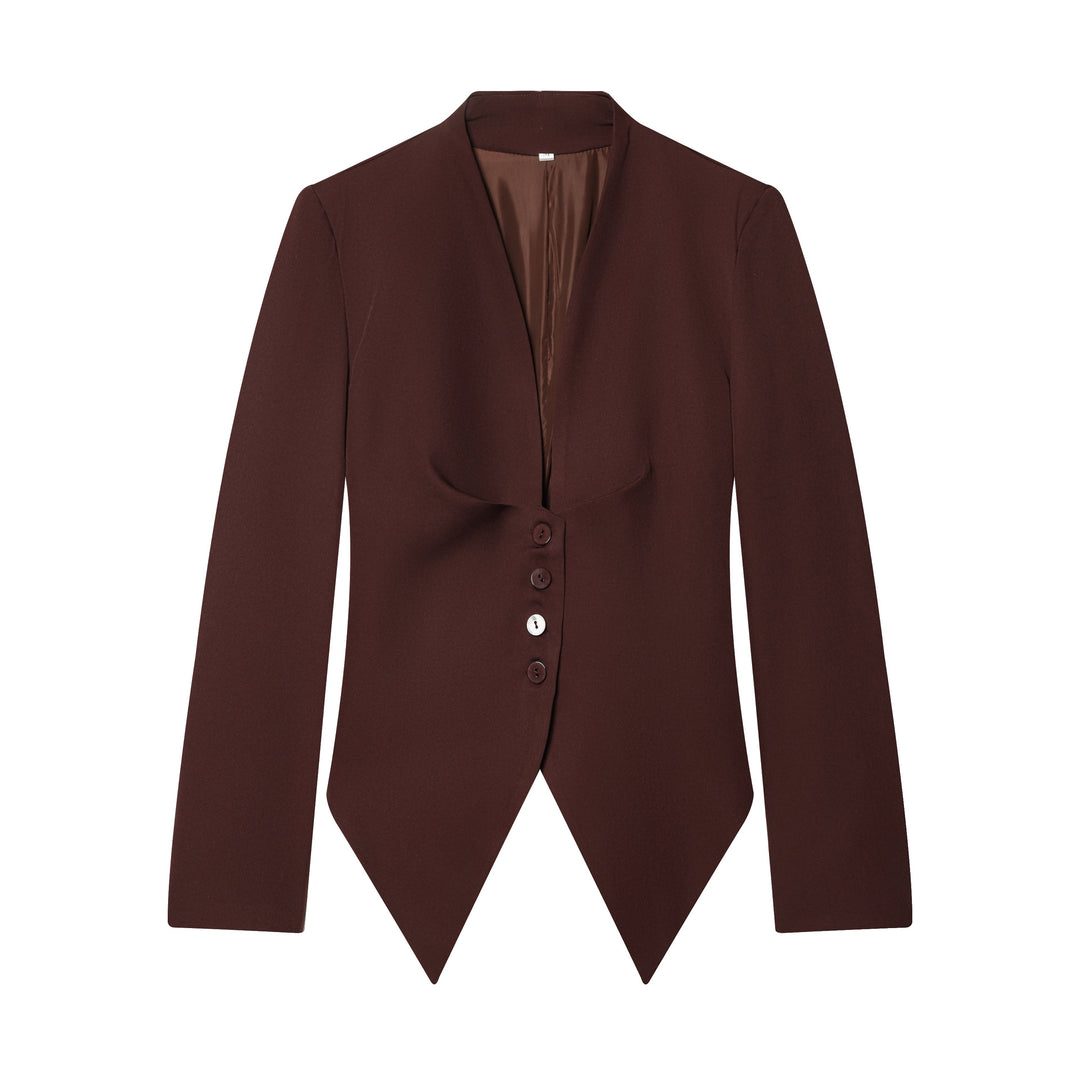 Damen taillierter Blazer mit Schalkragen, figurbetonter Knopfleiste und spitz zulaufendem Zipfelsaum – Valéne