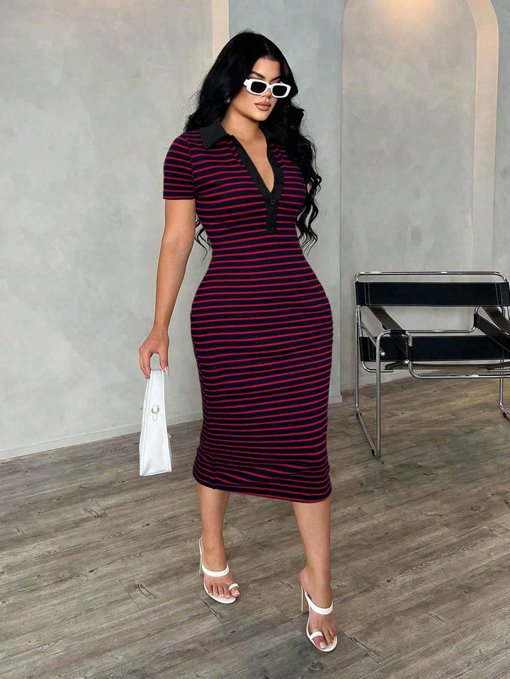 Damen Figurbetontes Polokleid im Streifen‑Look aus Rippstrick mit kurzem Ärmel – Élara