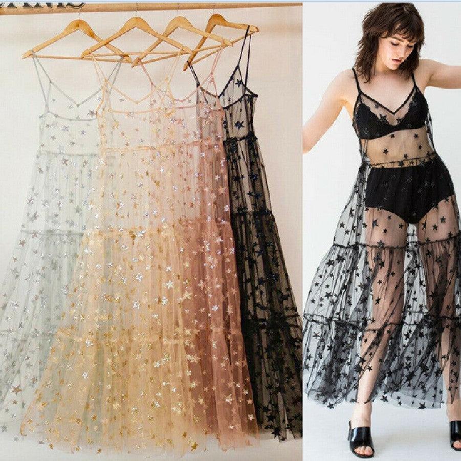 Damen Transparente Maxikleid aus Chiffon mit Sternen-Design und mehrlagigem Saum Echo Archiv