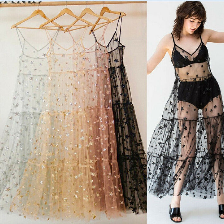 Damen Transparente Maxikleid aus Chiffon mit Sternen-Design und mehrlagigem Saum Echo Archiv