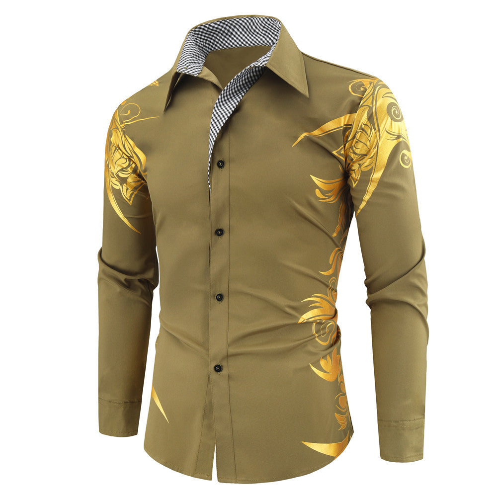Herren Figurbetontes Button-Down-Hemd mit goldverzierter Ornamentik und kontrastiertem Innenkragen Echo Archiv