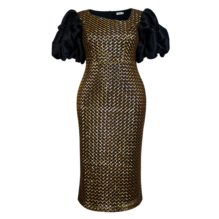 Damen Elegantes Cocktailkleid mit voluminösen Puffärmeln und schimmerndem Netzdesign Echo Archiv