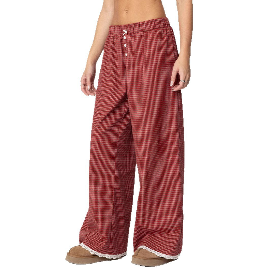 Damen Weit geschnittene Karohose mit Spitzendetails Echo Archiv
