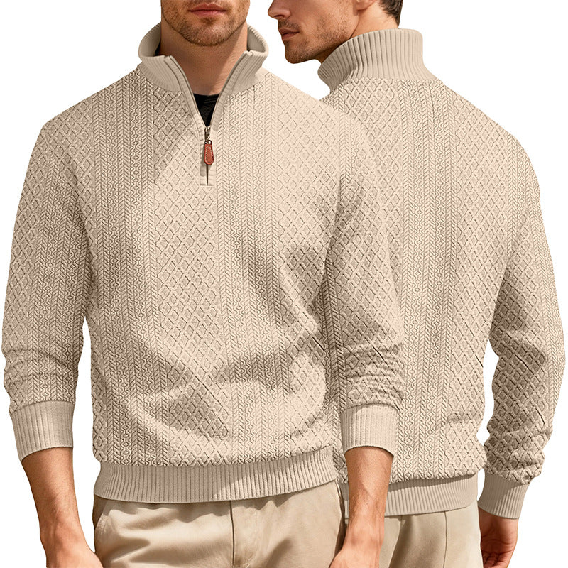 Herren nan feinstrukturierter Halbzip-Pullover im Jacquard-Relief mit hohem Stehkragen und Leder-Zipper Echo Archiv
