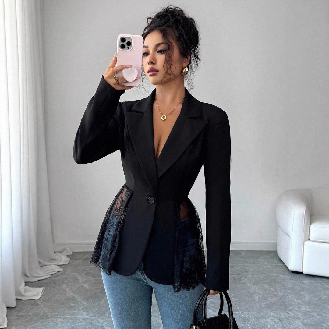Damen nan taillierter Blazer mit Spitzenbesatz und tiefem V-Ausschnitt Echo Archiv