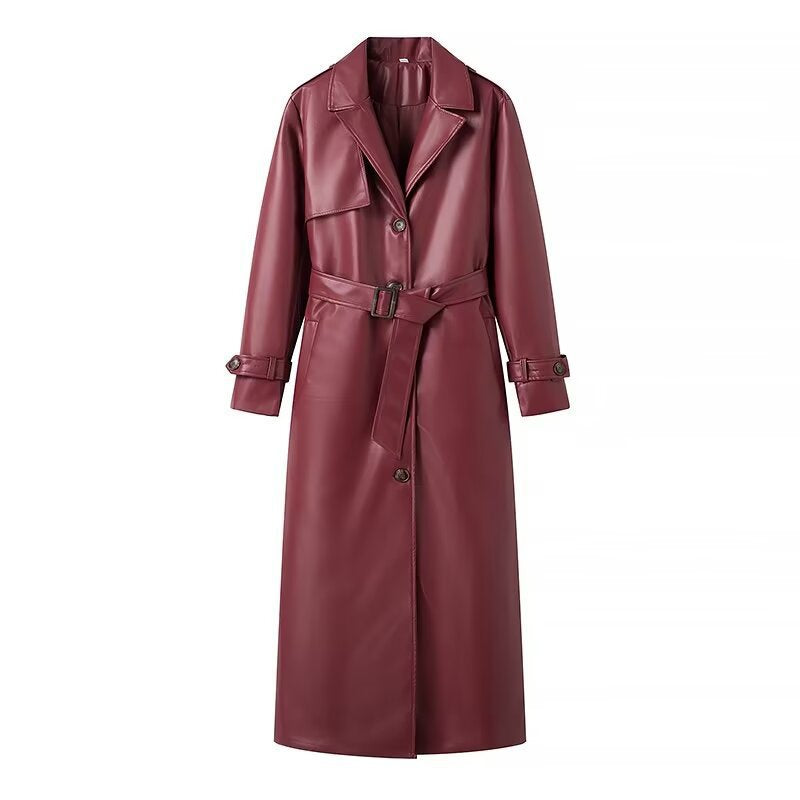 Damen Langer Kunstleder‑Trenchcoat mit Taillengürtel, weitem Revers und wasserabweisender Oberfläche Echo Archiv