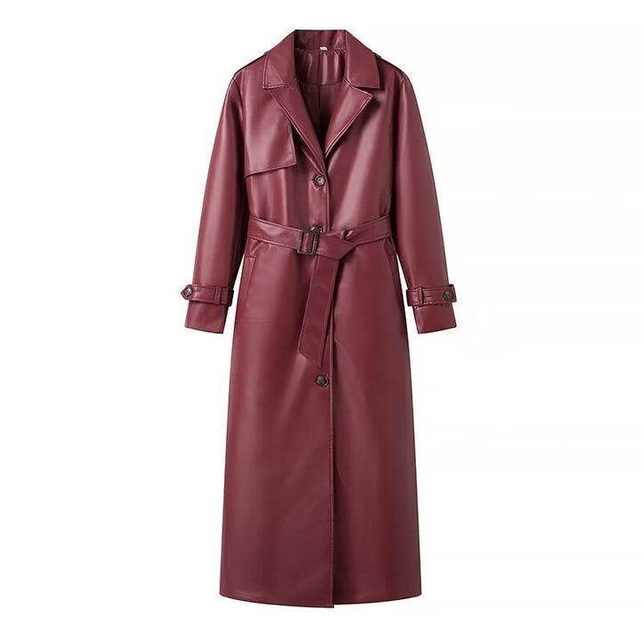 Damen Langer Kunstleder‑Trenchcoat mit Taillengürtel, weitem Revers und wasserabweisender Oberfläche Echo Archiv