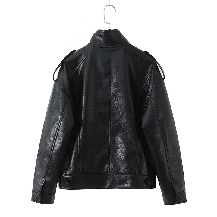 Damen Cropped Bomberjacke aus Kunstleder mit hohem Stehkragen und Schulterklappen Echoarchiv