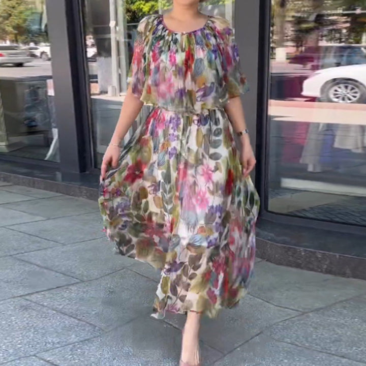 Damen nan luftiges Chiffon-Maxikleid mit floralem Print, gerafftem Rundhalsausschnitt und elastischem Taillenband Echo Archiv