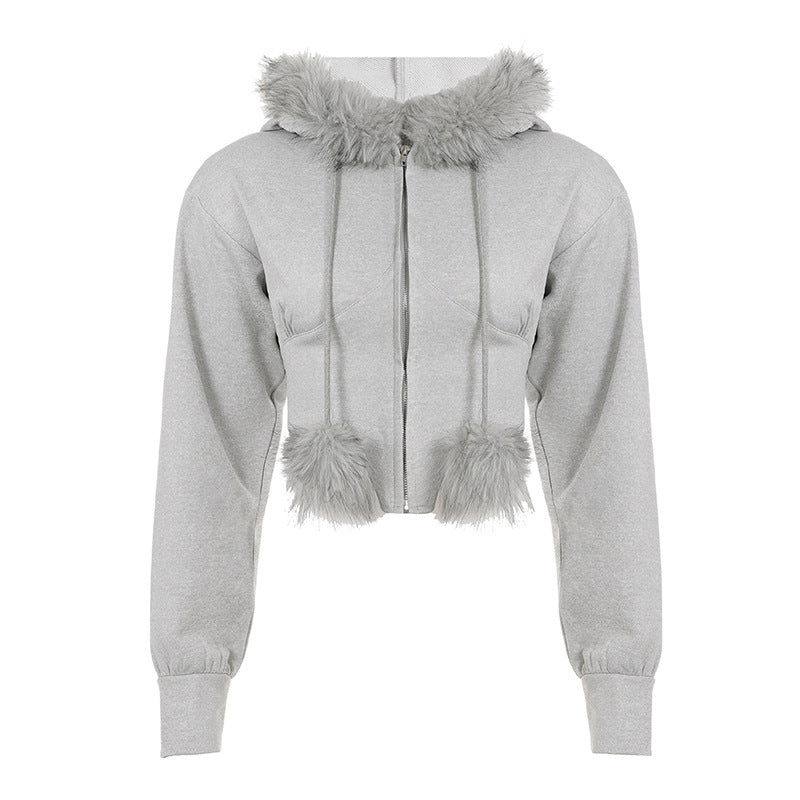 Damen nan kurzes Kapuzen‑Sweatshirt mit Kunstfellbesatz, Reißverschluss und Pompon-Kordeln Echo Archiv