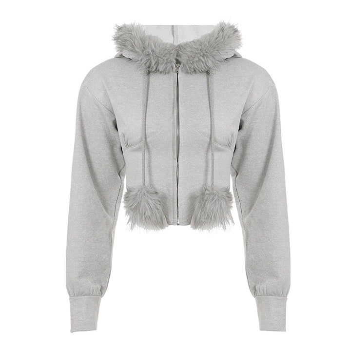 Damen nan kurzes Kapuzen‑Sweatshirt mit Kunstfellbesatz, Reißverschluss und Pompon-Kordeln Echo Archiv