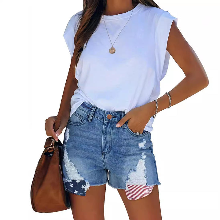 Damen Destroyed Denim-Shorts mit kreativen Patch-Details Echo Archiv