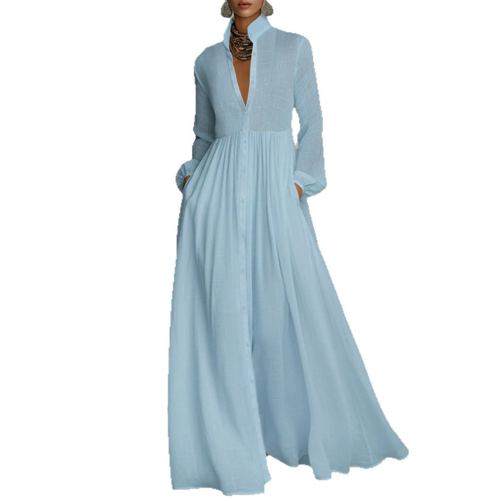 Damen Maxikleid mit Stehkragen, durchgehender Knopfleiste, taillenhoher Raffung und Eingrifftaschen – Valéora