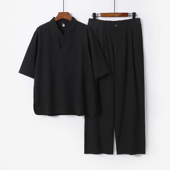 Herren Zweiteiliges Leichtes Kimono-Loungewear-Set mit Stehkragen Knotenverschluss Kurzarm und weiter Bundhose Echoarchiv