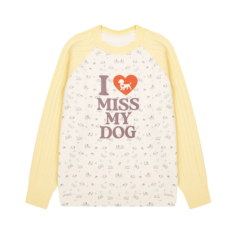 Damen Strickpullover mit Raglanärmeln, Allover-Hundemotiv und Statement-Print Echoarchiv