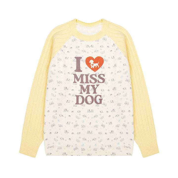 Damen Strickpullover mit Raglanärmeln, Allover-Hundemotiv und Statement-Print Echoarchiv