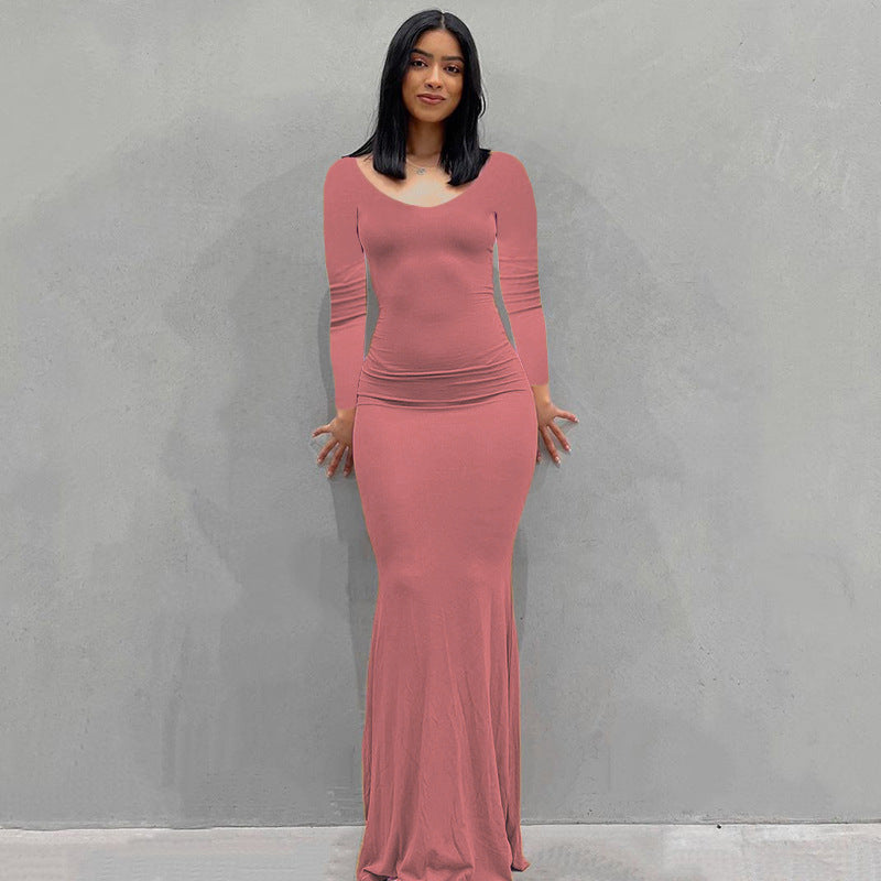 Damen Körperbetontes Maxi‑Jerseykleid mit taillierter Drapierung, langen Ärmeln und ausgestelltem Saum – Valéora