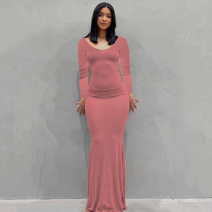 Damen Körperbetontes Maxi‑Jerseykleid mit taillierter Drapierung, langen Ärmeln und ausgestelltem Saum – Valéora