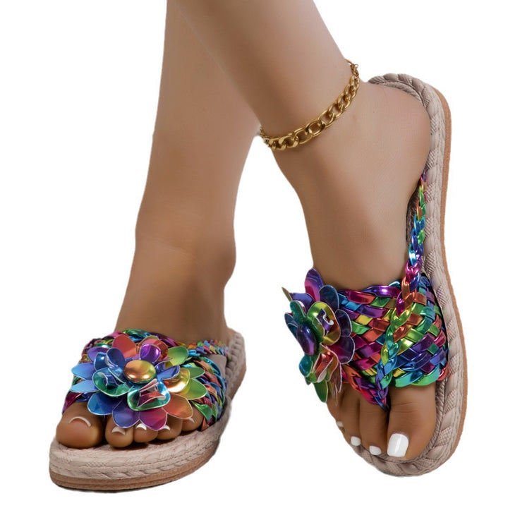 Damen Geflochtene Zehentrenner‑Sandalen mit XXL‑Blütenapplikation und gepolstertem Komfortfußbett – Sorelia