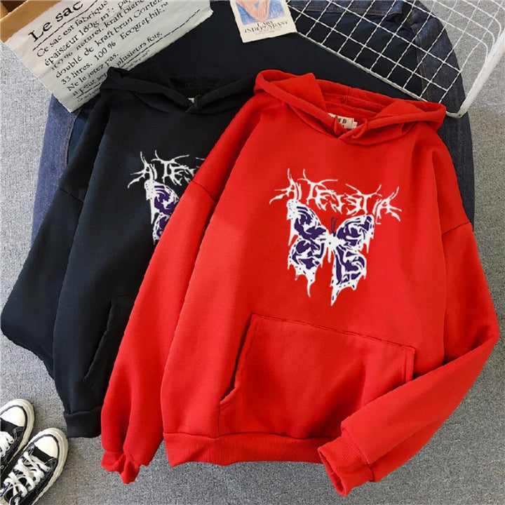Damen Oversize-Kapuzenpullover mit gothischer Schmetterlings-Illustration und Kängurutasche – Auréline