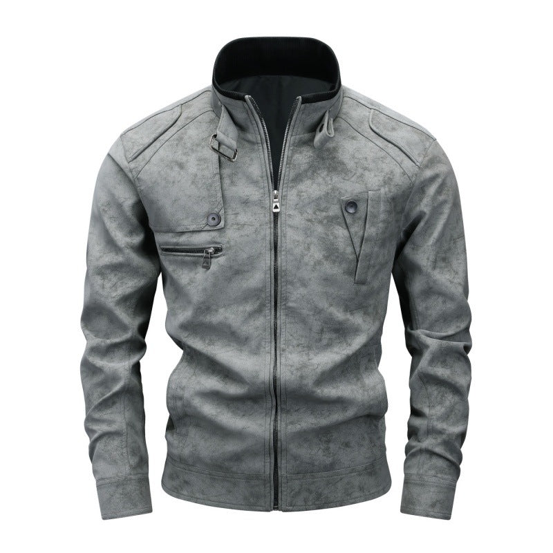 Herren Bikerjacke aus Lederimitat mit Stehkragen und modischen Brusttaschen Echoarchiv