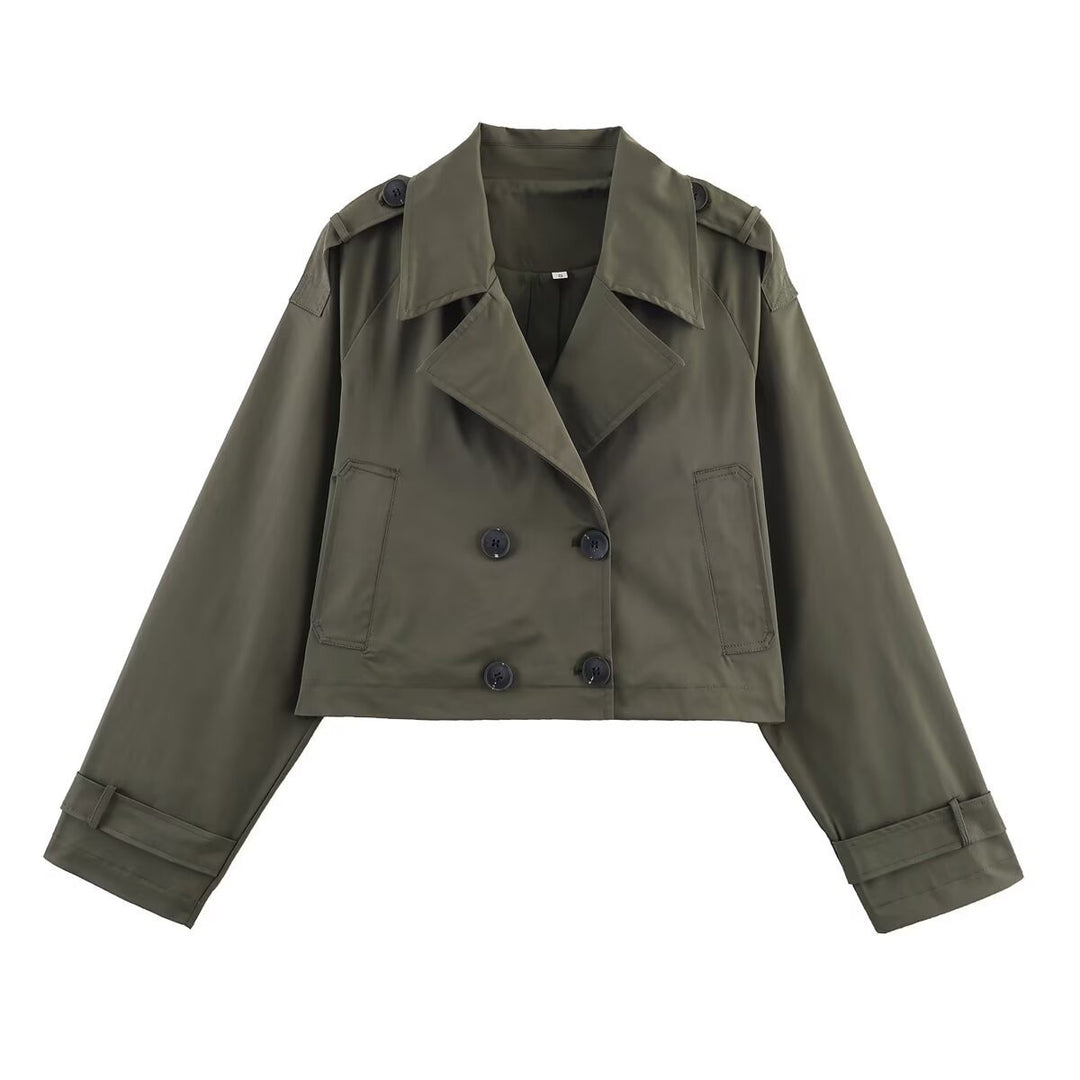 Damen Cropped Doppelreiher-Trenchjacke mit weitem Revers, Epauletten und boxy Schnitt Echo Archiv